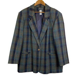Sag Harbor Woman Plaid Wool Blend Blazer Jacket Gray Blue Lined Pockets